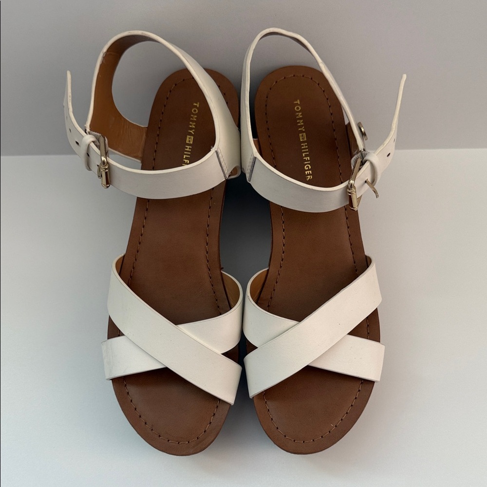 Tommy Hilfiger White Leather Crisscross Strap Sandals with Buckle Ankle